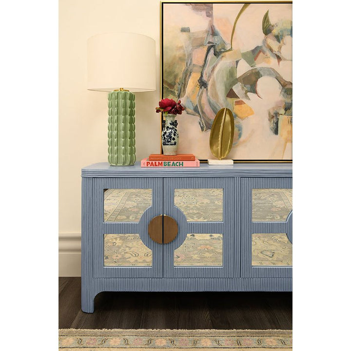 Four Door Mirror Front Reeded Case Buffet In Painted Light Blue