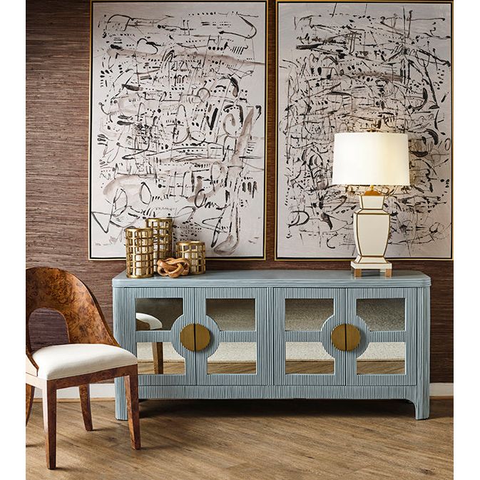 Sideboards & Credenzas Four Door Mirror Front Reeded Case Buffet In Painted Light Blue