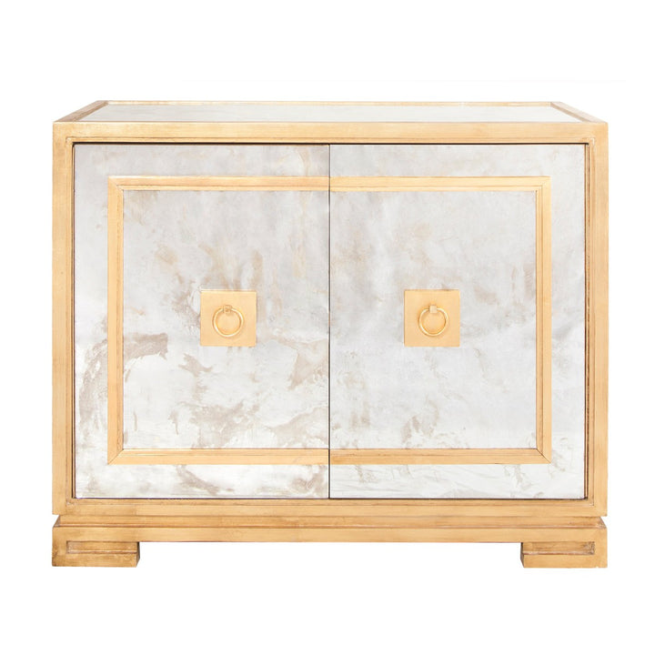 Ophelia - Antique Mirror And Gold Leaf Two Door Cabinet With Greek Key Detail On Base.