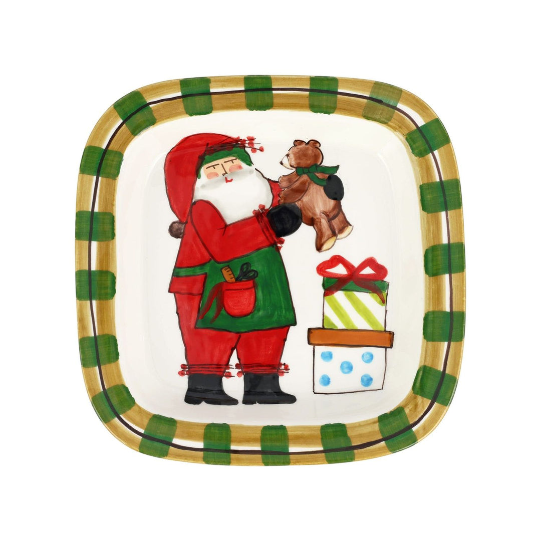 Old St. Nick Rimmed Square Platter with Teddy Bear