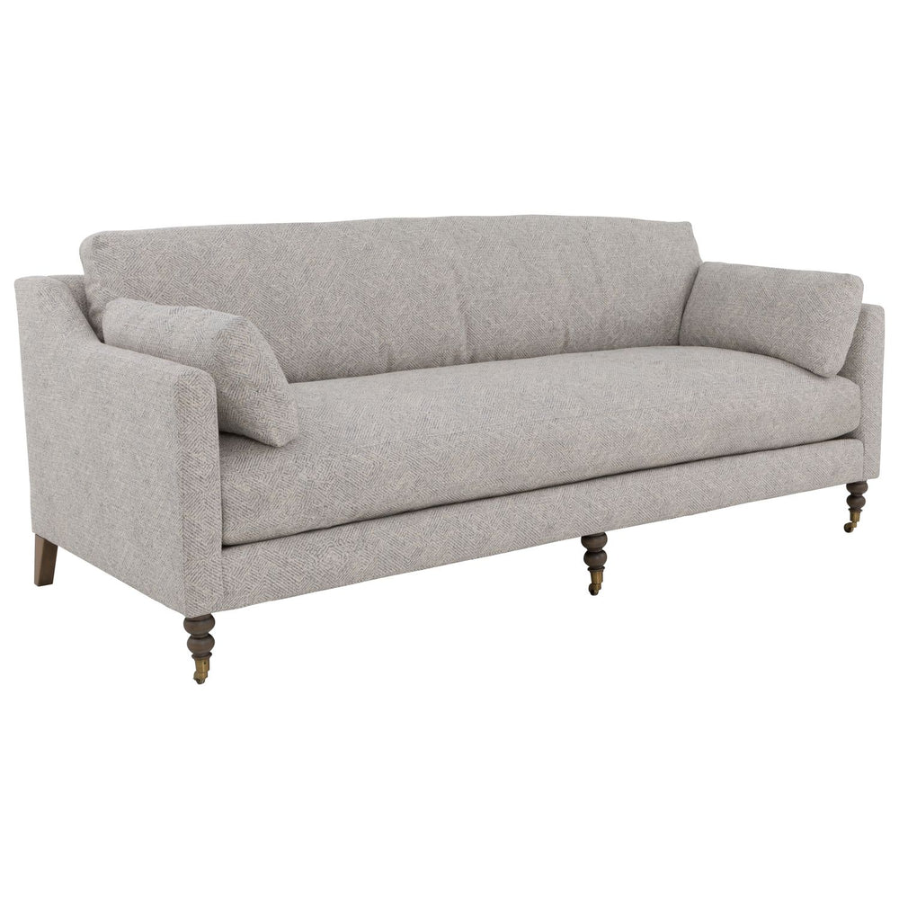 Dolce Sofa, shown in light gray and heathered beige-gray with woven fabric, wood, and fixed arms.