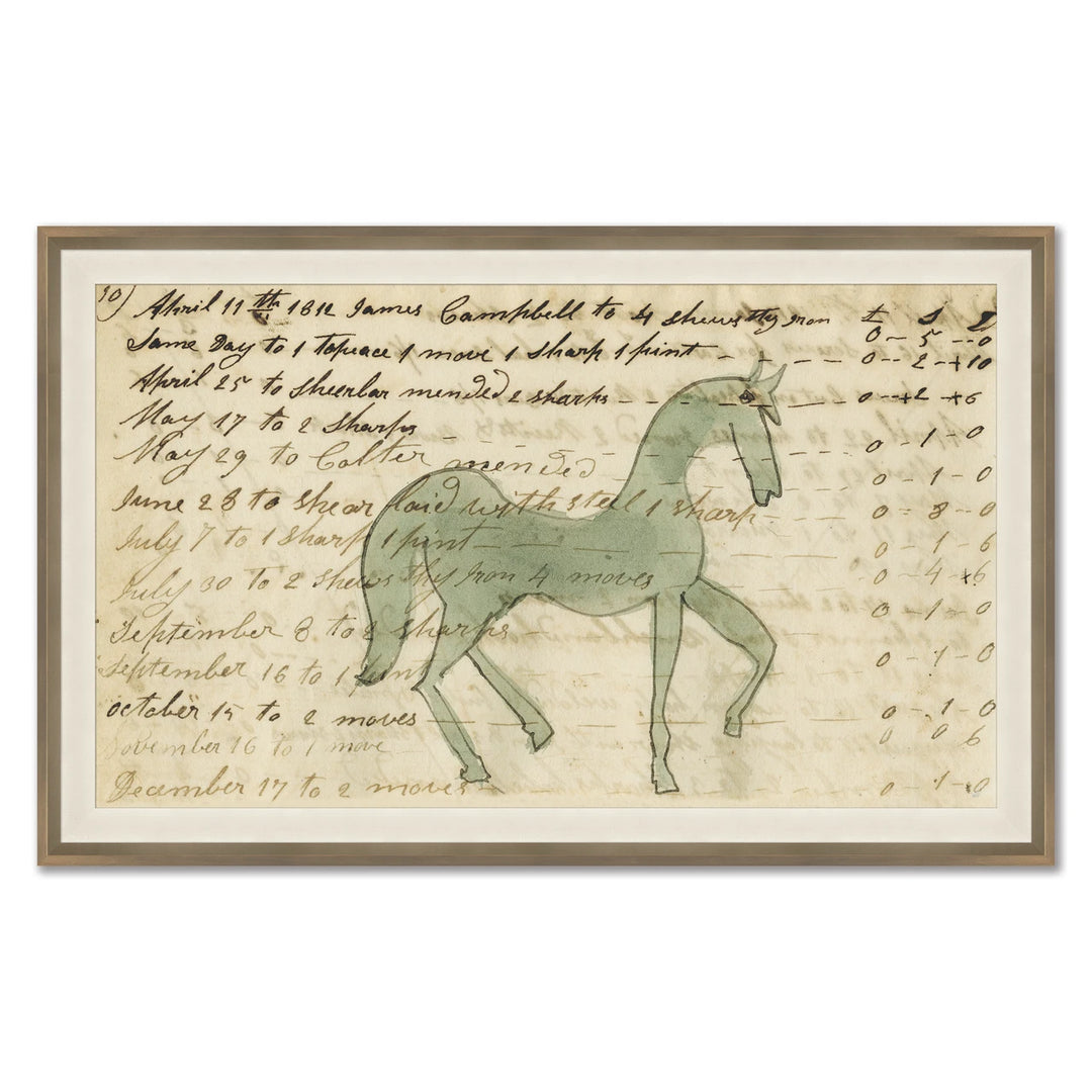 Green Horse - Lg. Mennonite Ledger Drawing by Soicher Marin