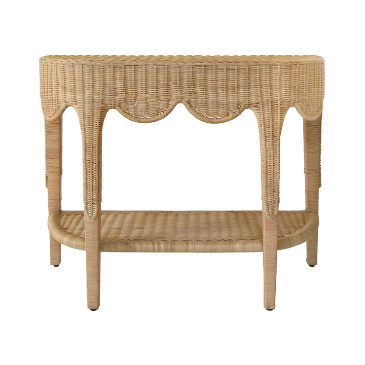 Paloma - Scalloped Top Demi Lune Console In Woven Rattan With Open Shelf