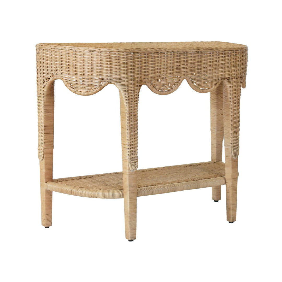 Paloma - Scalloped Top Demi Lune Console In Woven Rattan With Open Shelf