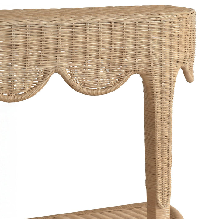 Paloma - Scalloped Top Demi Lune Console In Woven Rattan With Open Shelf