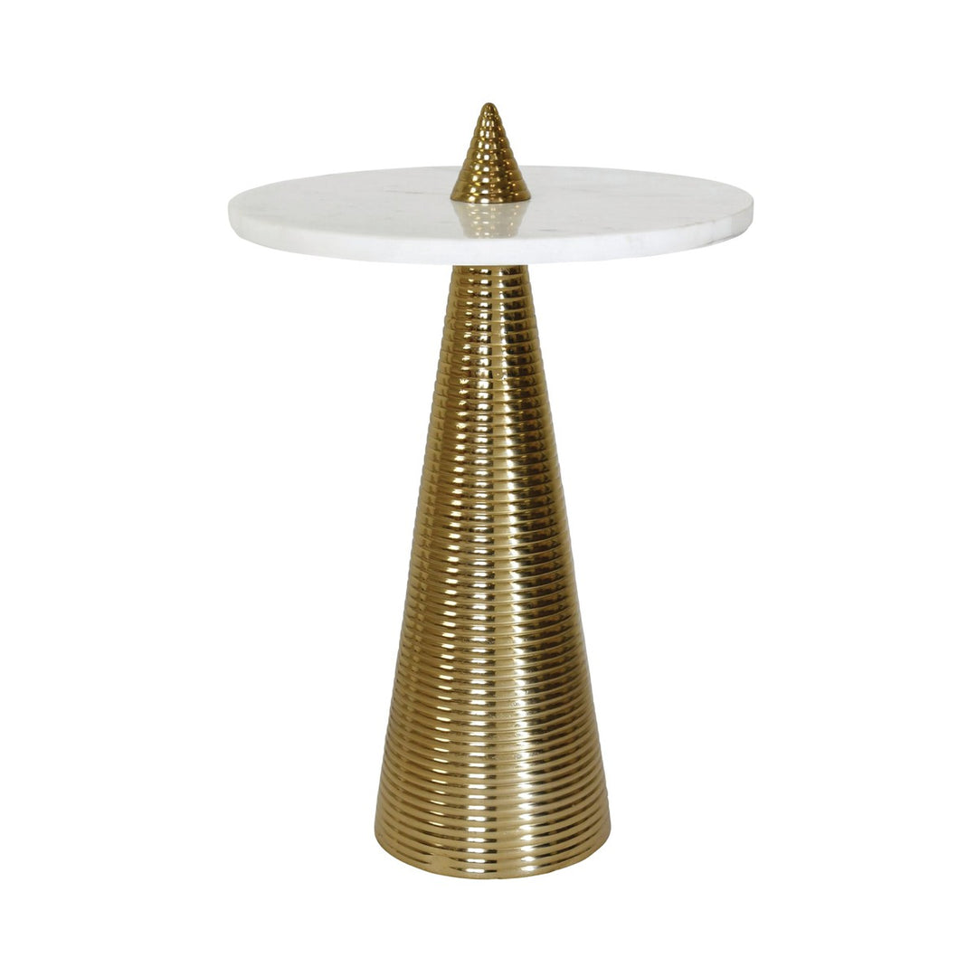 Pasha - Round Side Table With Conical Coiled Brass Base And White Marble Top