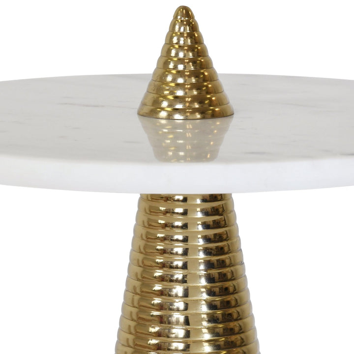 Pasha - Round Side Table With Conical Coiled Brass Base And White Marble Top