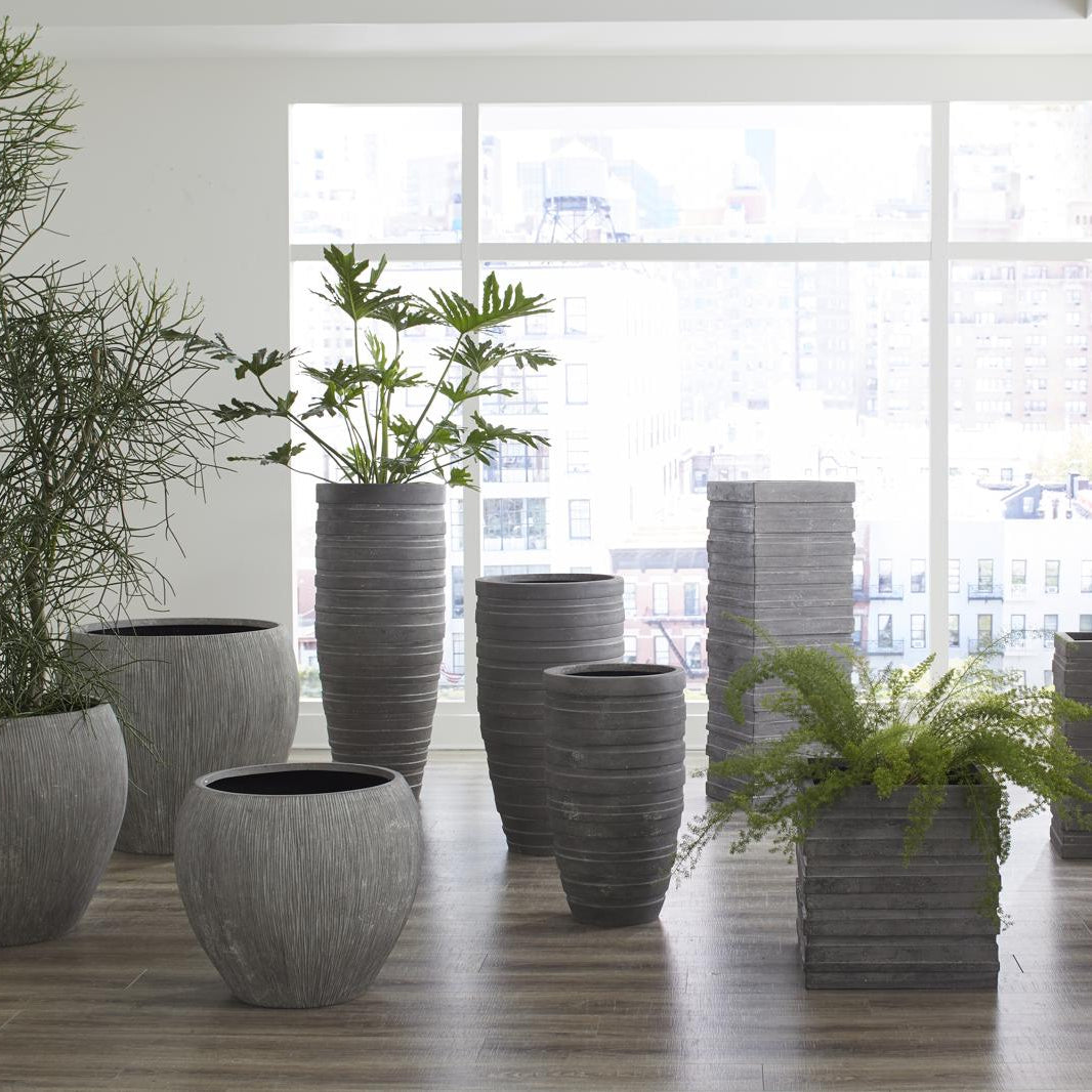 Gray ceramic planters with plants on a wooden floor in a bright room.