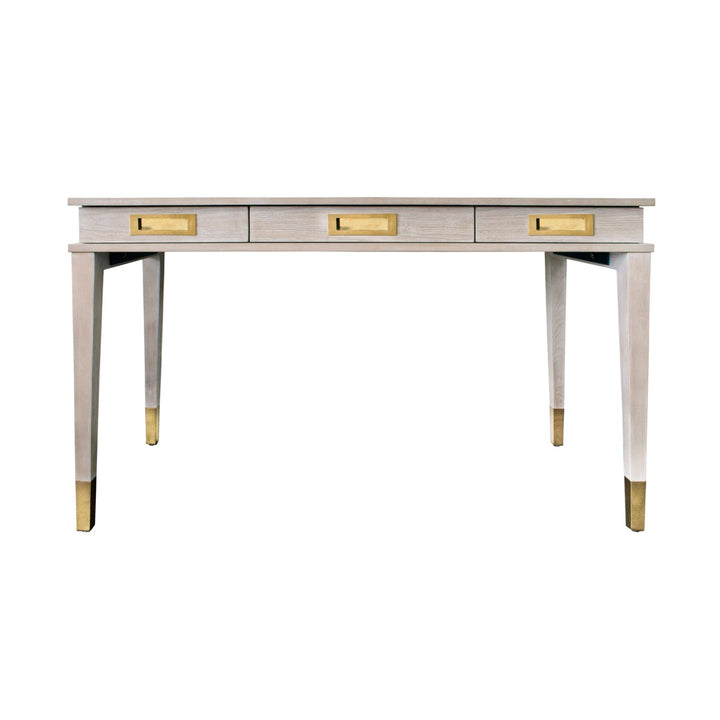 Plato - Three Drawer Desk With Brass Details In Light Cerused Oak