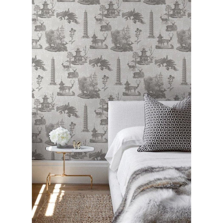 Pagoda Toile Wallpaper-Mitchell Black-MITCHB-WC350-1-PM-10-Wall DecorPatterns Moon-Premium Matte Paper-6-France and Son