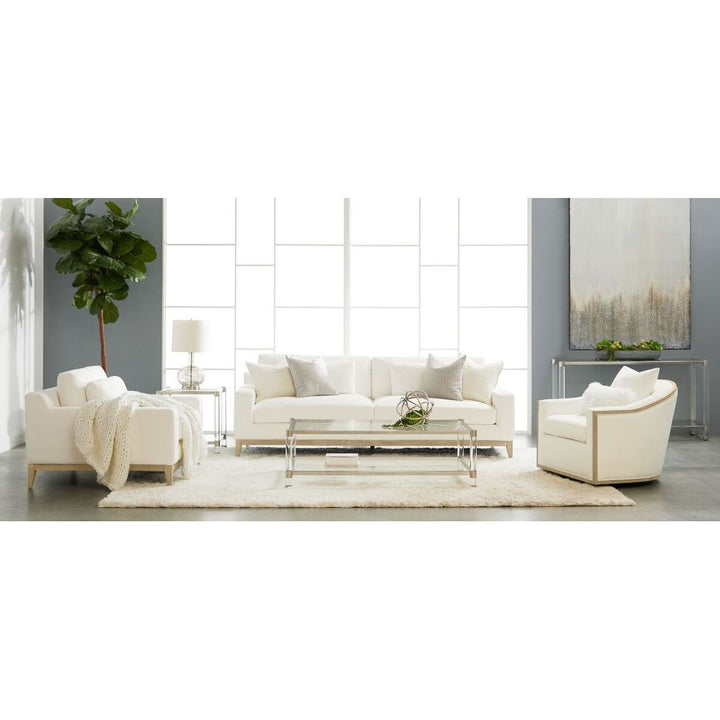 Alternate view of Paxton Swivel Club Chair, featuring matte upholstery finish, fabric, wood, and a swivel base.
