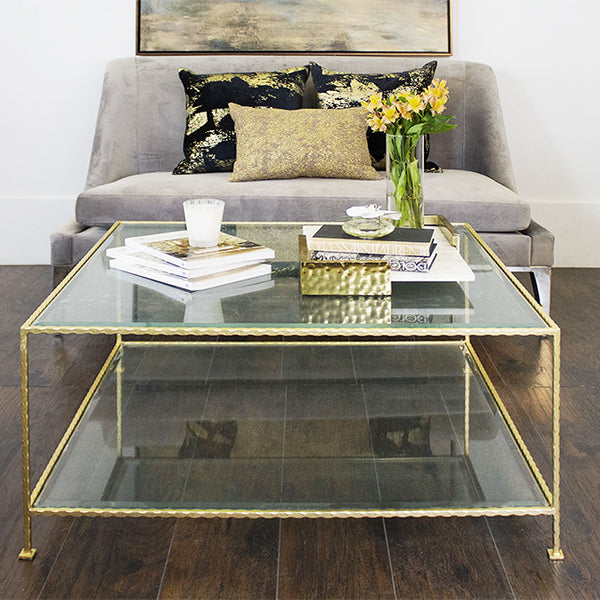 Coffee Tables Quadro - Hammered Gold Leaf Square Coffee Tbl, Beveled Glass