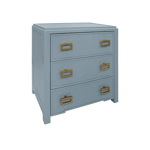 Side Tables Three Drawer Side Table With Matte Light Blue Frame And Light Blue Grasscloth Drawer Fronts