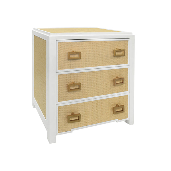 Side Tables Three Drawer Side Table With Matte White Lacquer Frame And Natural Grasscloth Drawer Fronts