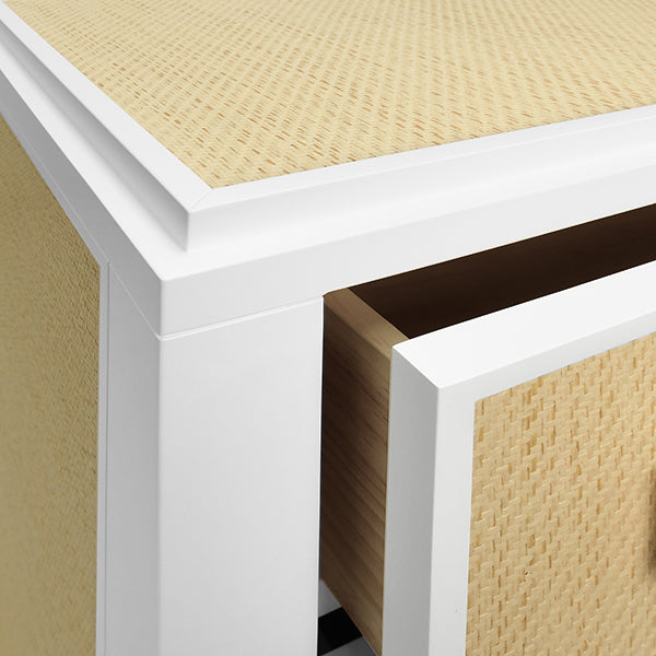 Side Tables Three Drawer Side Table With Matte White Lacquer Frame And Natural Grasscloth Drawer Fronts