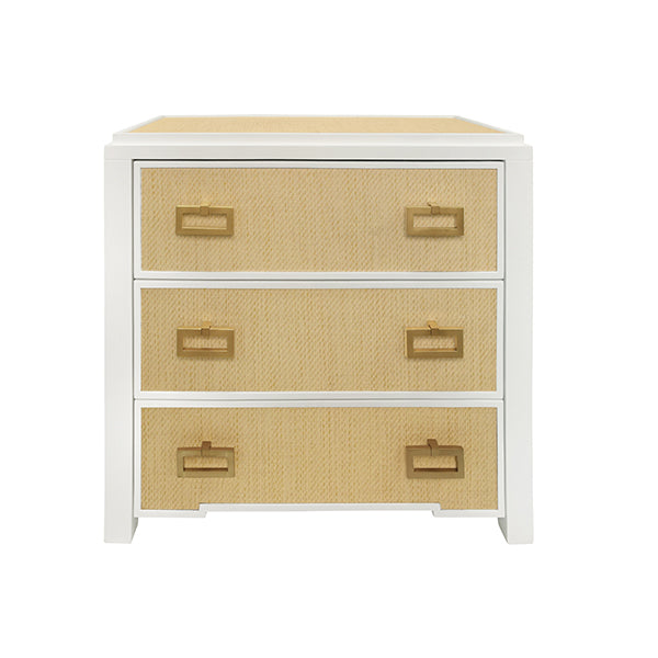 Side Tables Three Drawer Side Table With Matte White Lacquer Frame And Natural Grasscloth Drawer Fronts