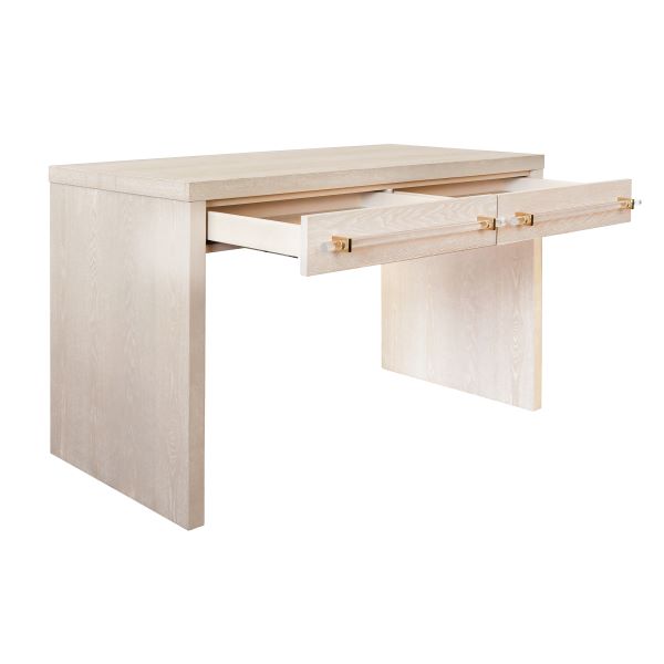 Ralph - Waterfall Two Drawer Desk In Glossy White/Includes Brass & Nickel Hrdwr Options W Acrylic Rod