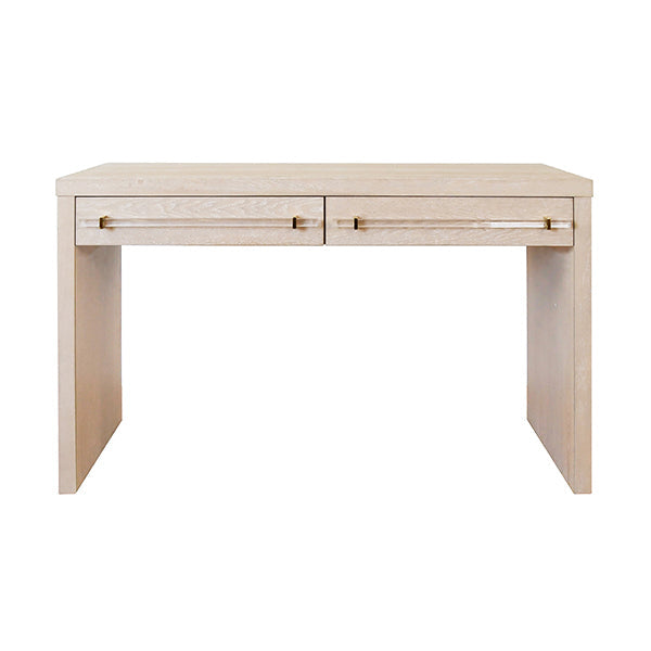 Ralph - Waterfall Two Drawer Desk In Light Cerused Oak/Includes Brass & Nickel Hrdwr Options W Acrylic Rod