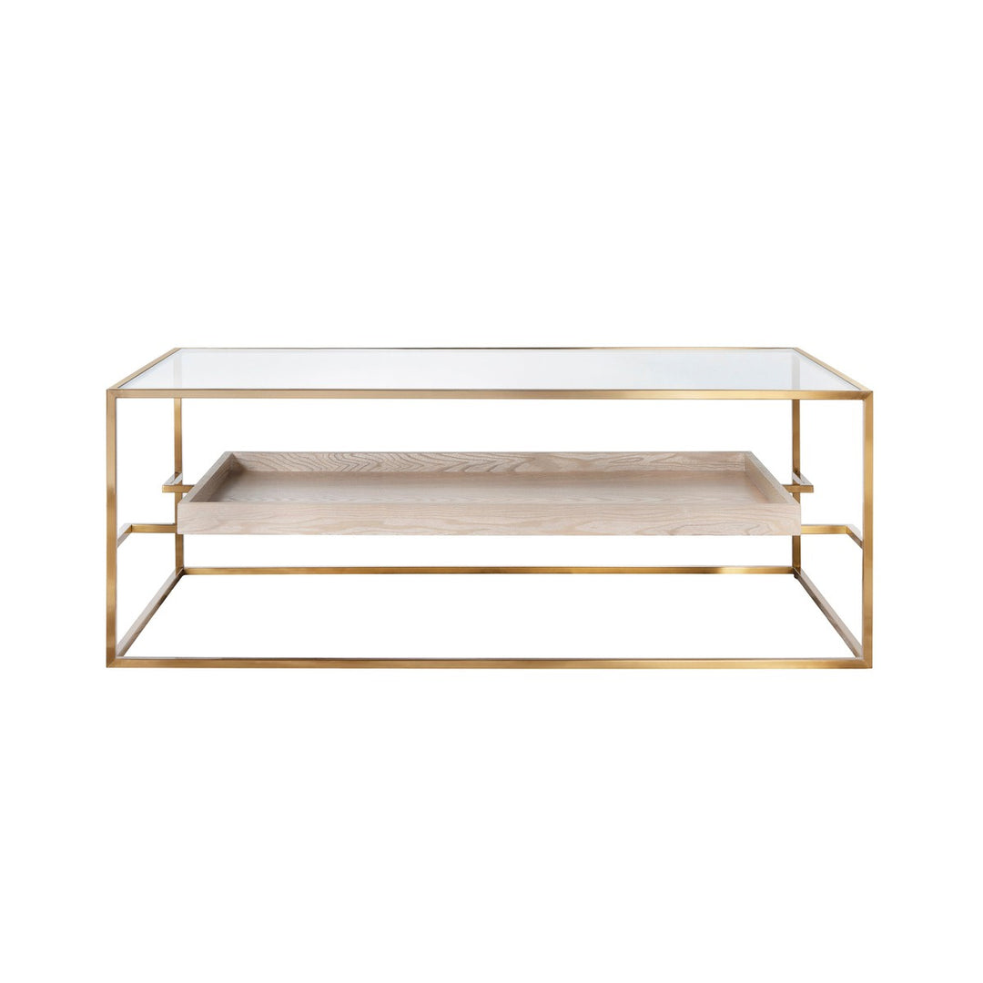 Reagan - Glass Top Antique Brass Coffee Table With Floating Shelf In Light Cerused Oak