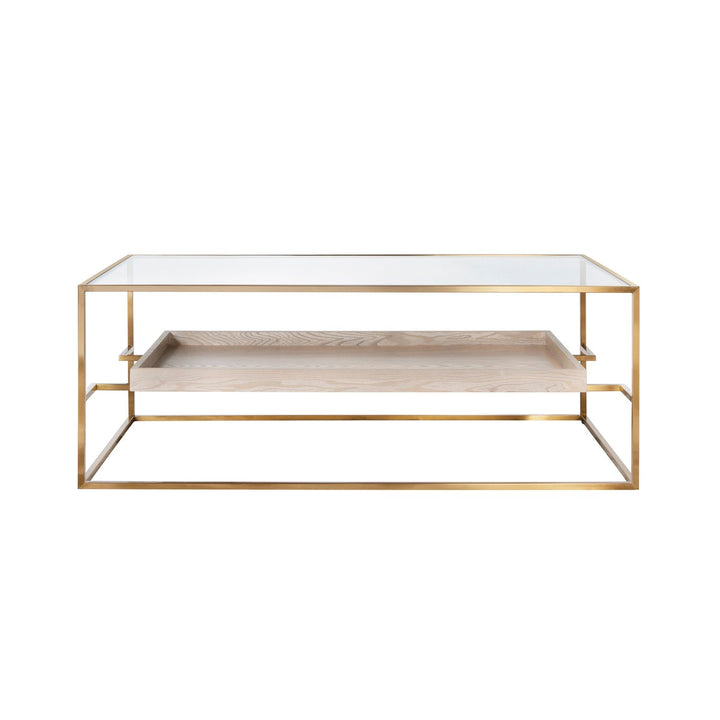 Reagan - Glass Top Antique Brass Coffee Table With Floating Shelf In Light Cerused Oak