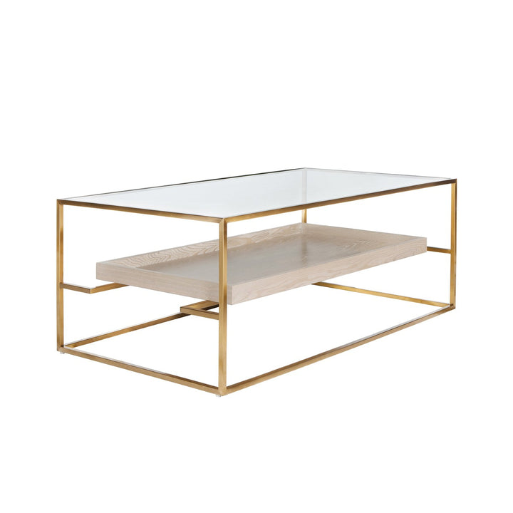 Reagan - Glass Top Antique Brass Coffee Table With Floating Shelf In Light Cerused Oak