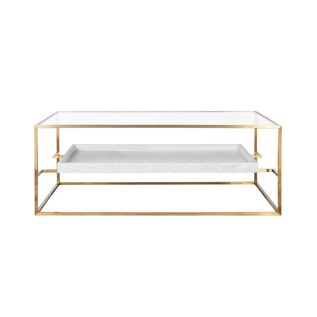 Reagan - Glass Top Antique Brass Coffee Table With Floating Shelf In White Washed Oak