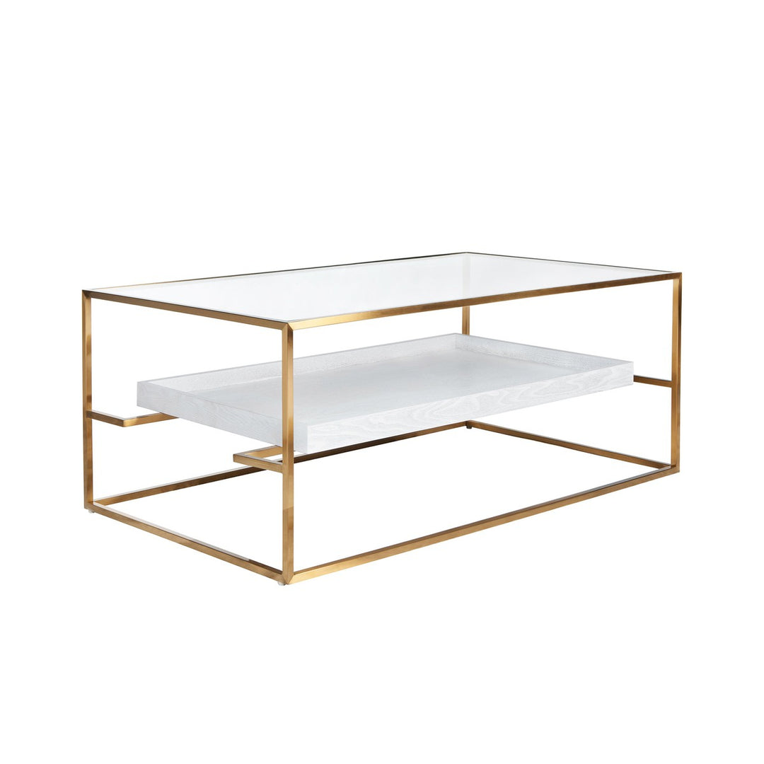 Reagan - Glass Top Antique Brass Coffee Table With Floating Shelf In White Washed Oak