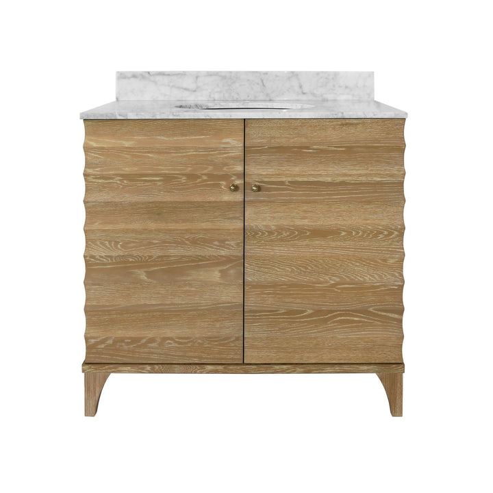 Rhodes - Bath Vanity With Horizontal Fluted Detail In Cerused Oak With White Marble Top, Porcelain Sink, And Polished Brass Knobs