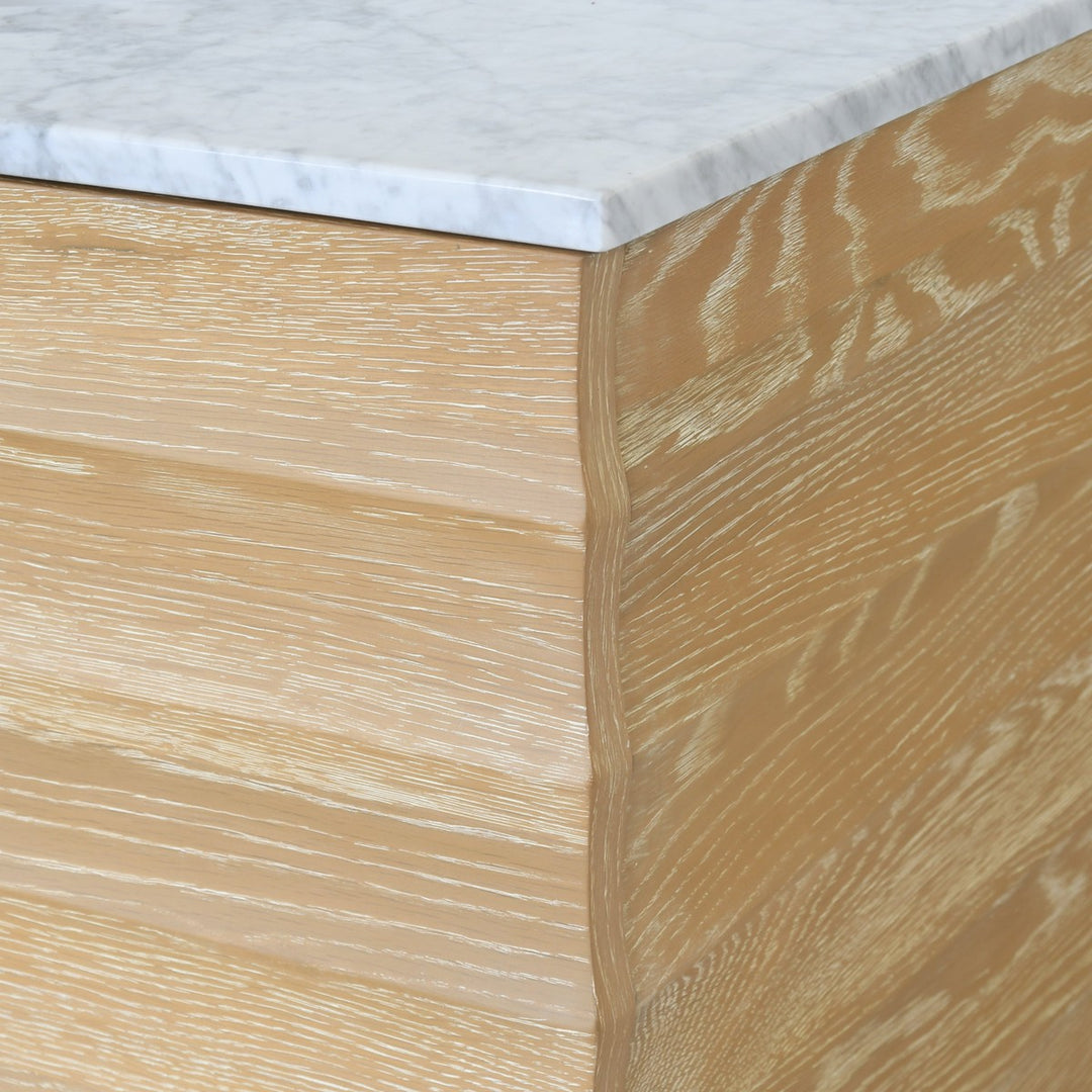 Rhodes - Bath Vanity With Horizontal Fluted Detail In Cerused Oak With White Marble Top, Porcelain Sink, And Polished Brass Knobs