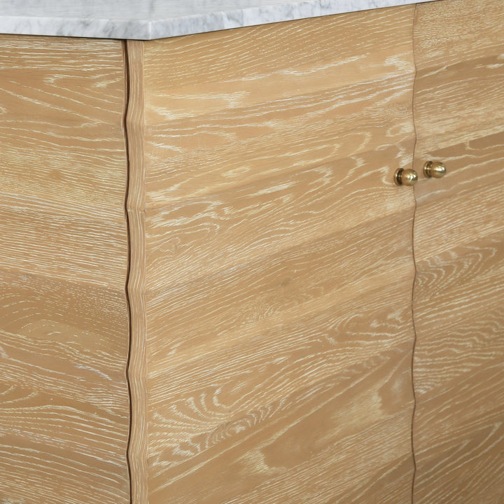 Rhodes - Bath Vanity With Horizontal Fluted Detail In Cerused Oak With White Marble Top, Porcelain Sink, And Polished Brass Knobs