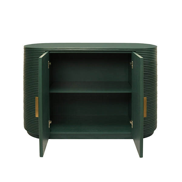 Two Door Reeded Case With Curved End Cabinet In Painted Hunter Green