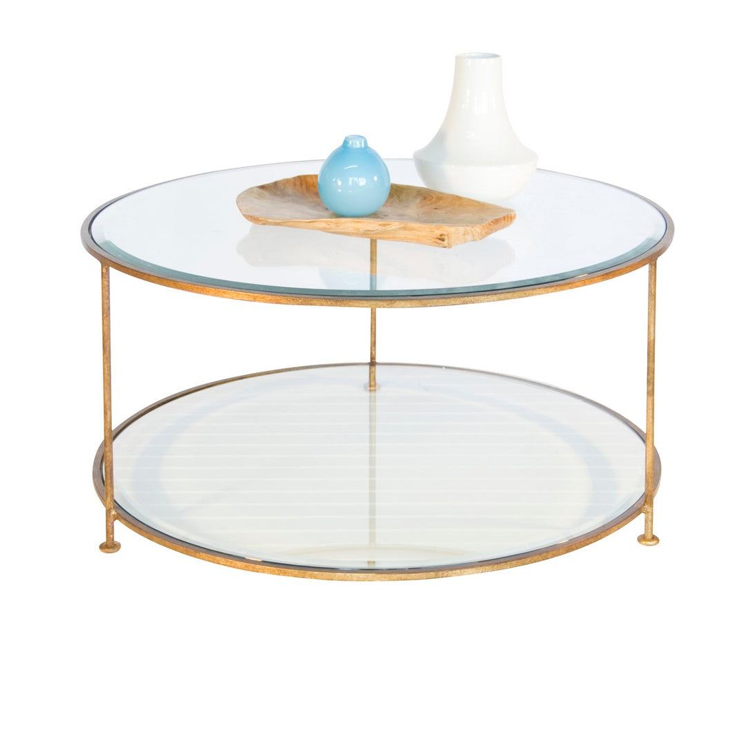 Rollo - 36" Diameter Round Two Tier Table In Gold Leaf W. Beveled Glass Shelves