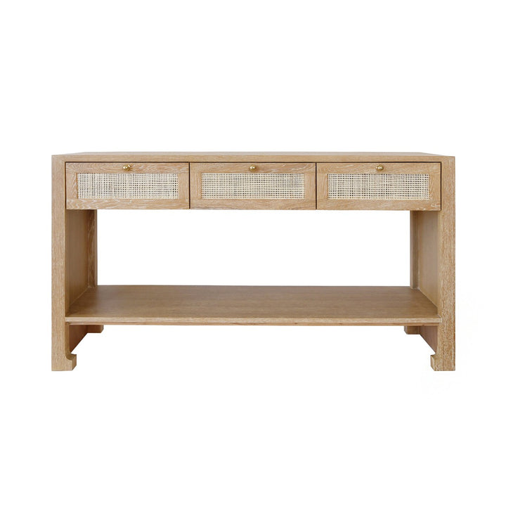 Rosalind - Three Drawer Cane Console With Brass Hardware In Cerused Oak