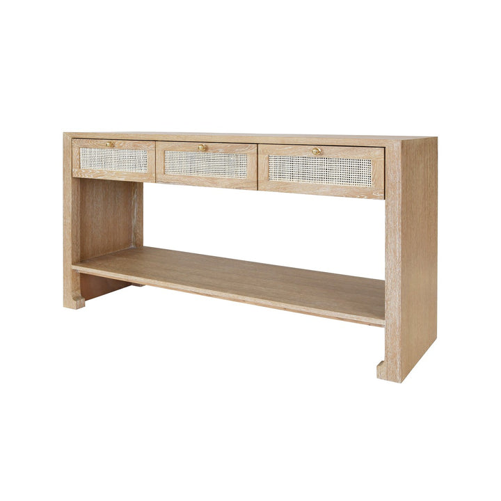 Rosalind - Three Drawer Cane Console With Brass Hardware In Cerused Oak