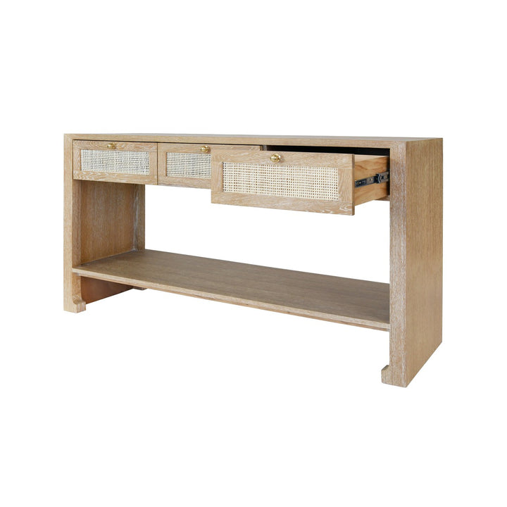 Rosalind - Three Drawer Cane Console With Brass Hardware In Cerused Oak