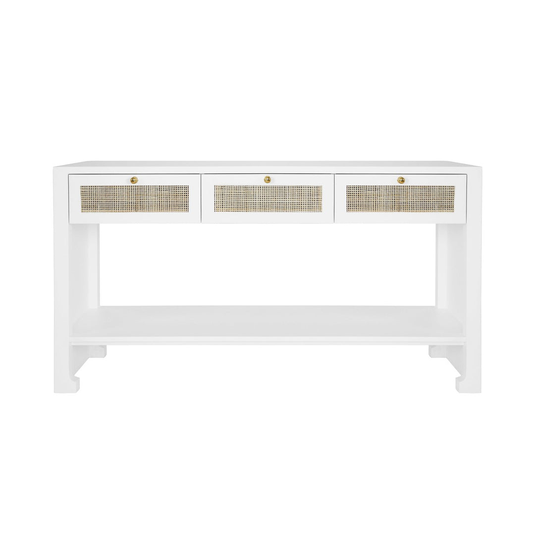 Rosalind - Three Drawer Cane Console With Brass Hardware In Matte White Lacquer