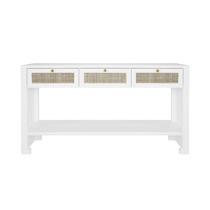 Rosalind - Three Drawer Cane Console With Brass Hardware In Matte White Lacquer