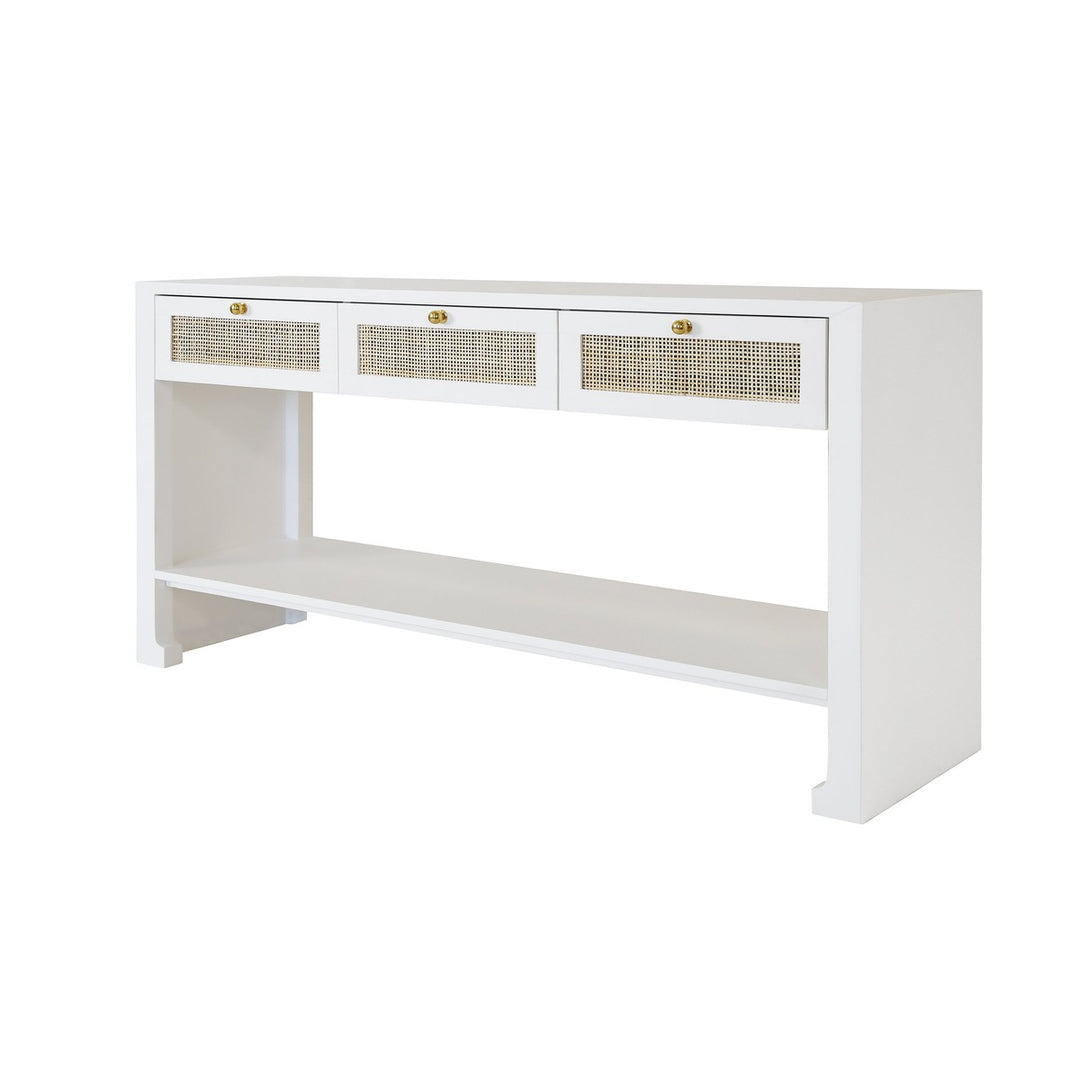 Rosalind - Three Drawer Cane Console With Brass Hardware In Matte White Lacquer