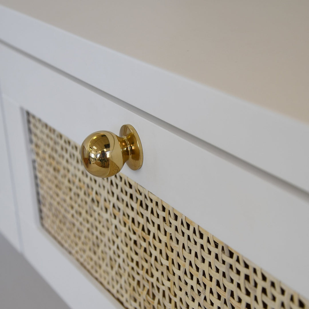 Rosalind - Three Drawer Cane Console With Brass Hardware In Matte White Lacquer