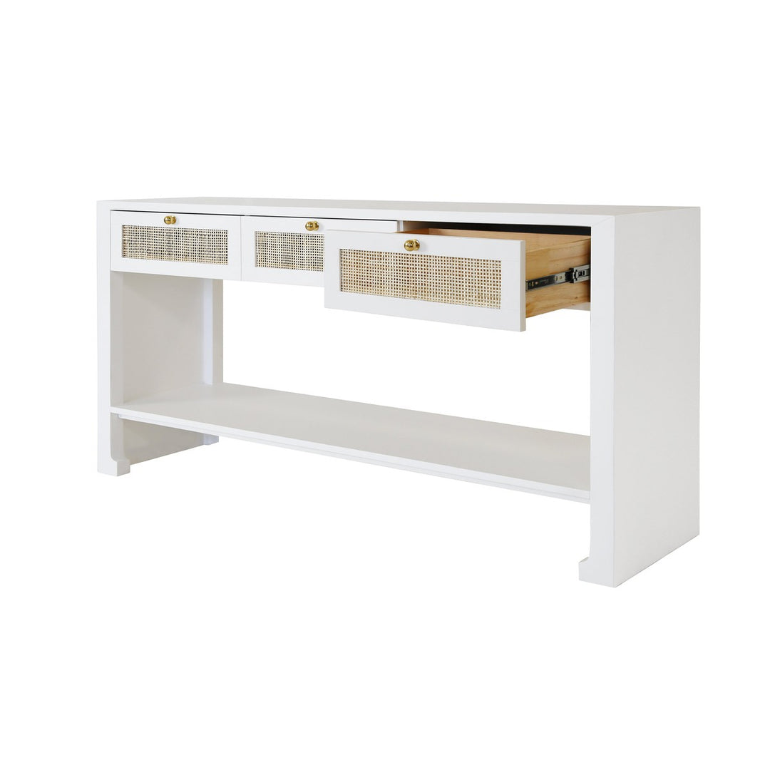 Rosalind - Three Drawer Cane Console With Brass Hardware In Matte White Lacquer