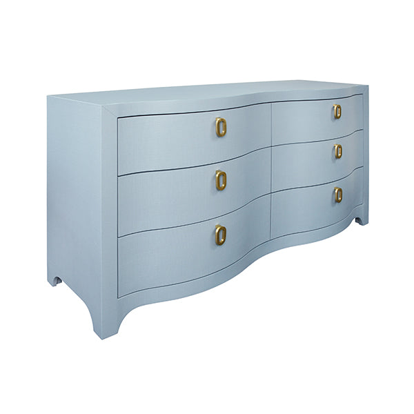 Cabinets & Curios Rosie Curved Front Six Drawer Chest In Textured Light Blue Linen