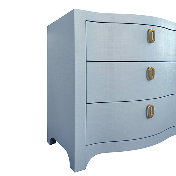 Rosie Curved Front Six Drawer Chest In Textured Light Blue Linen