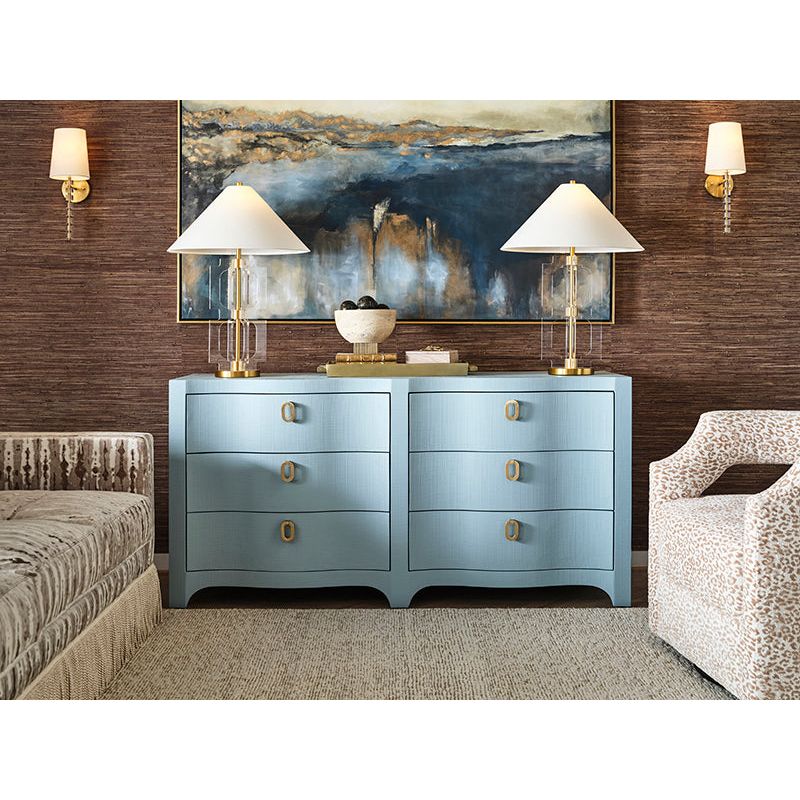 Cabinets & Curios Rosie Curved Front Six Drawer Chest In Textured Light Blue Linen