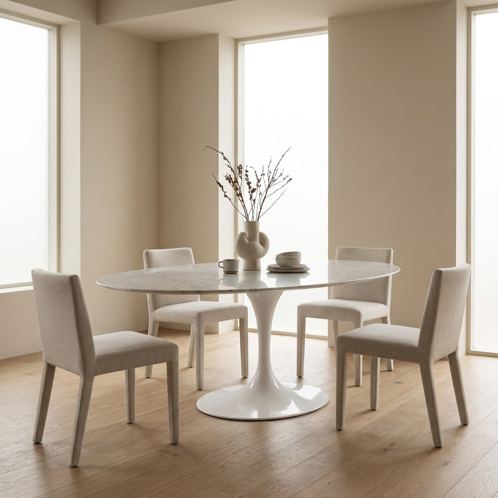 Carrara Marble Pedestal Tulip Dining Table - Oval