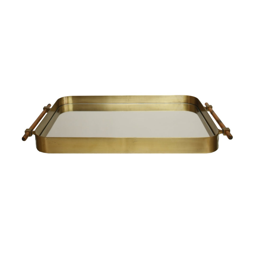 Saratoga - Rounded Edge Tray In Antique Brass With Horn Handles And Inset Mirror