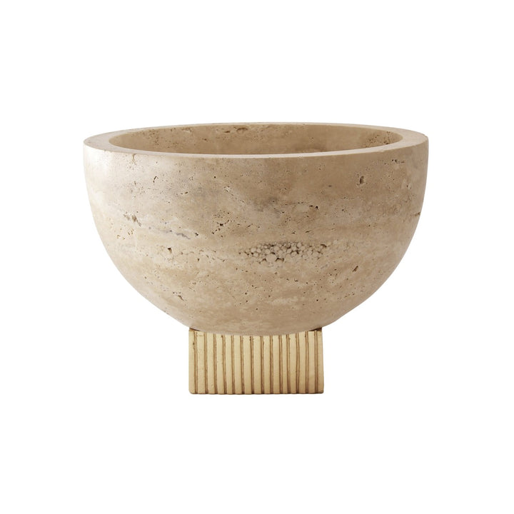 Sita - Travertine Marble Bowl With Ribbed Brass Base