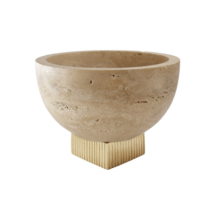 Sita - Travertine Marble Bowl With Ribbed Brass Base