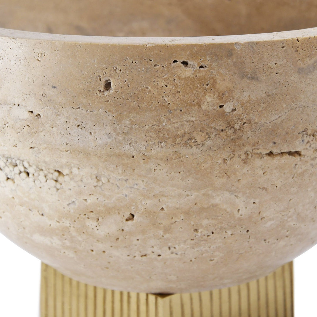 Sita - Travertine Marble Bowl With Ribbed Brass Base