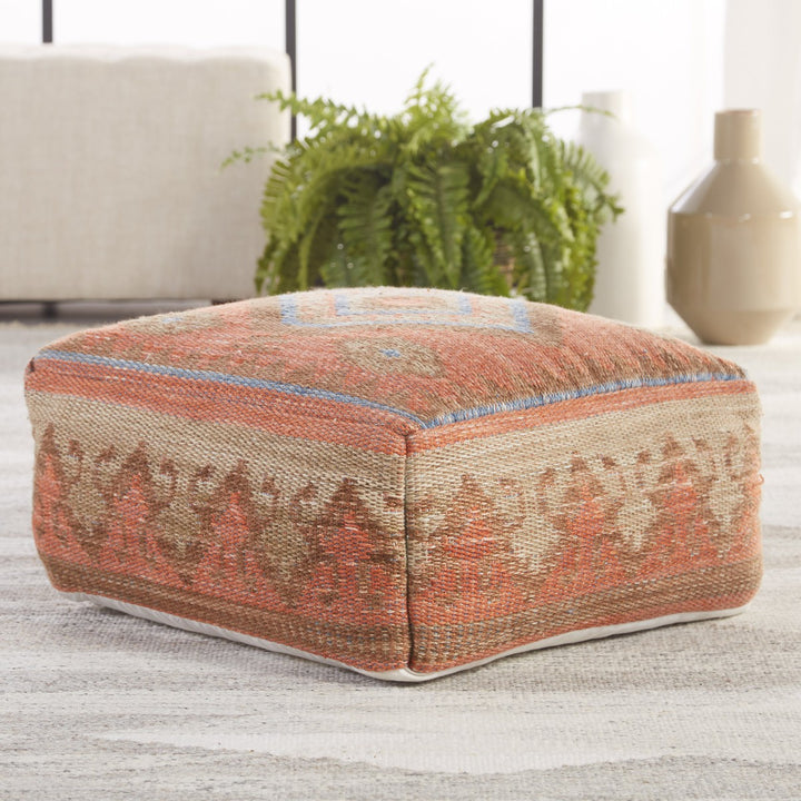 Jaipur Living Ember Indoor/ Outdoor Tribal Orange/ Blue Cuboid Pouf