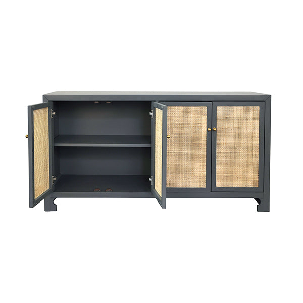 Sofia - Four Door Cane Cabinet With Brass Hardware In Matte Dark Grey Lacquer Finish